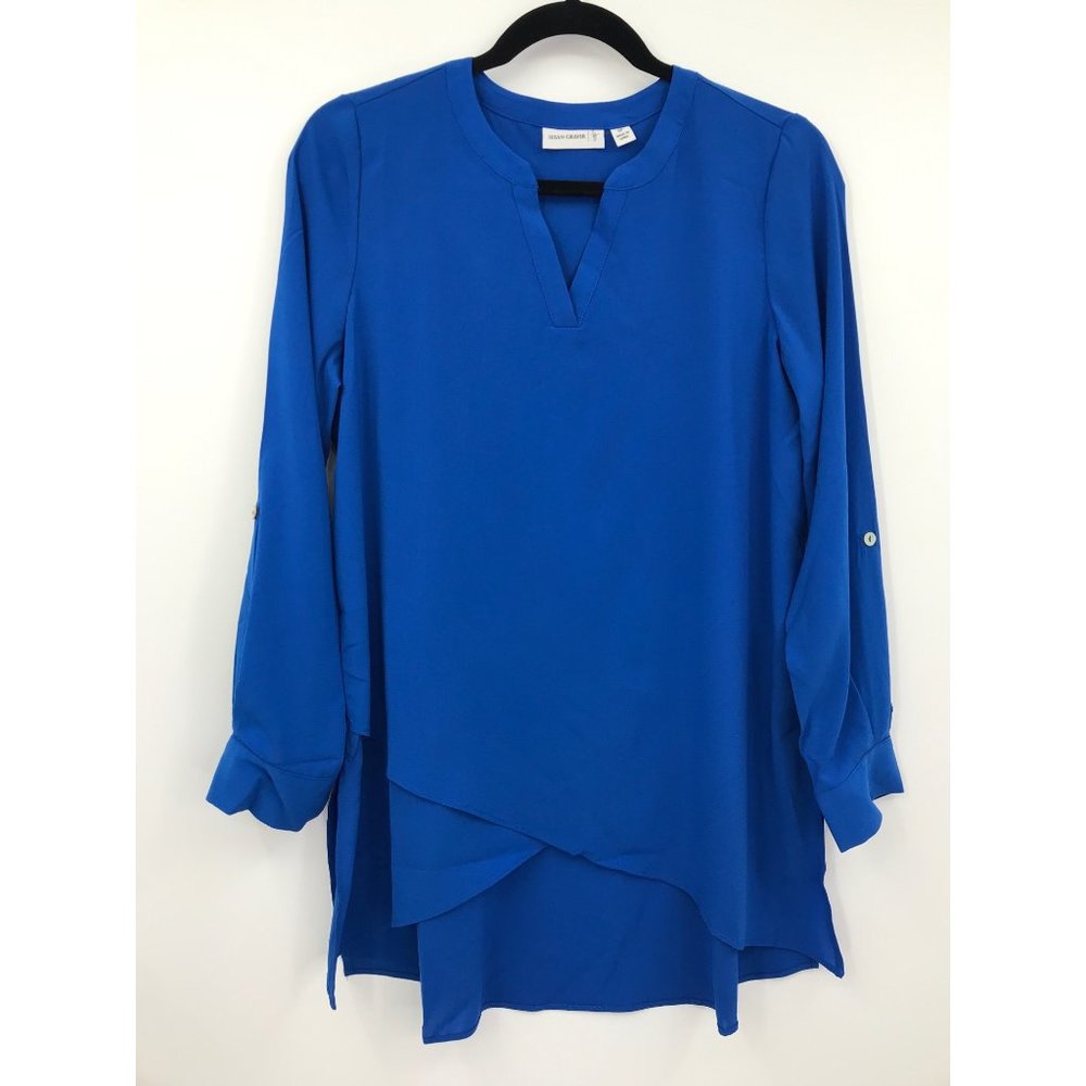 Susan Graver Stretch Woven Tunic Blouse Top Crossover Hem Blue 6 Petite